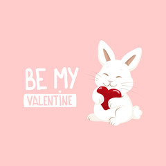 Be my Valentine. Cute illustration valentines day with small lovely rabbit holds heart. Cute bunny with heart. Greeting card, poster, print for Valentine's Day with a bunny
