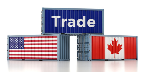 Freight container with USA and Canada flag. 3D Rendering