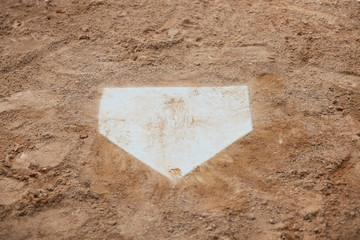 Dirty home plate of a baseball infield viewed from above