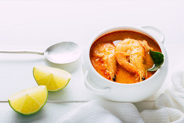 Tom yum with shrimp on a white plate, Traditional Thai food