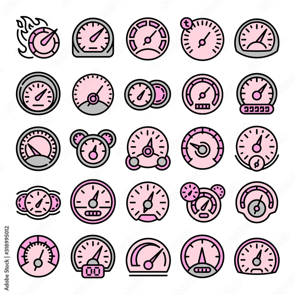 Poster speedometer icons set. outline set of speedometer vector icons for web design isolated on white back