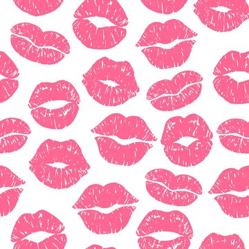 Kiss print seamless pattern. Girls kisses, red lipstick prints and kissing women lips vector illustration. Valentines Day lipstick smooch imprint background for wedding and greeting card