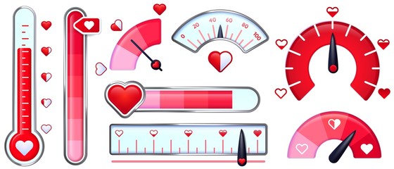 Love meter. Valentines Day card, love indicator with red hearts and love thermometer. Red heart meters vector set. Collection of analog attraction and passion scales, gauge for romance measurement. - obrazy, fototapety, plakaty