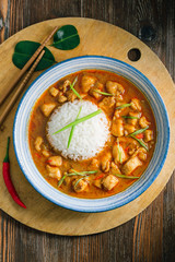 Delicious spicy Thai chicken food with curry and rice