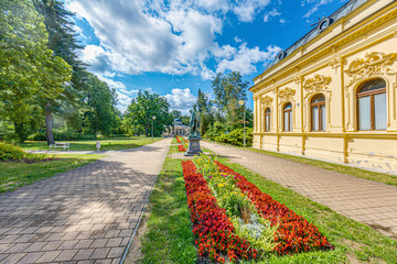View over central park of the Czech spa town Franzensbad in summer