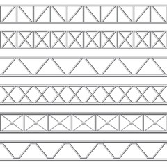 Metal truss girder. Steel pipes structures, roof girder and seamless metal stage structure vector illustration set. Collection of realistic polished iron or aluminium fences, barriers or railings.