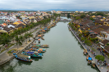 Fototapeta na wymiar Aerial shot of Hoi An in Vietnam. Hoi An is an ancient trading port city an a UNESCO world heritage site