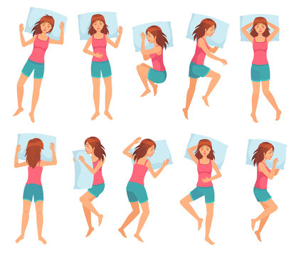 Woman sleeps in different poses. Healthy night sleep, sleeping pose and female character sleep on pillow cartoon vector illustration set. Bundle of girl lying in various postures during night repose.