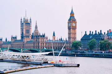 London Eye Clock and Big Ben in Westminster Palace in London old town in United Kingdom. Thames...
