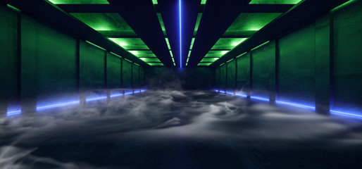 Smoke Neon Glowing Fluorescent Green Blue Laser Lights Stage Stadium Studio Hallway Tunnel Corridor Concrete Grunge Alien Modern Empty Futuristic Sci Fi 3D Rendering