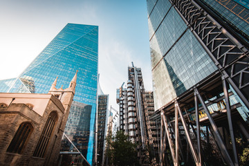 From left to right - St Andrew Undershaft Church, The Scalpel, Lloyd's of London, Leadenhall...