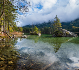 Mountain alpine autumn lake Hintersee, Berchtesgaden national park, Deutschland, Alps, Bavaria, Germany.