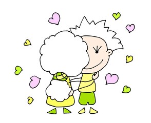 Happy Valentine's Day. Cute hand drawn Girl and Boy are dancing isolated on a hearts background. Vector illustration.