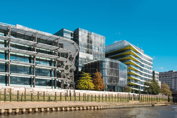 Modern Buildings in London Along Thames River