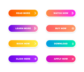 Set of modern material style buttons for website, mobile app and infographic. Different gradient colors. Modern vector illustration flat style