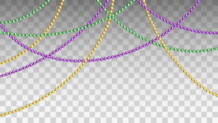 Vector illustration of Mardi Gras beads in traditional colors. Decorative glossy realistic elements for design Mardi Gras. Beads Isolated on transparent background. - obrazy, fototapety, plakaty