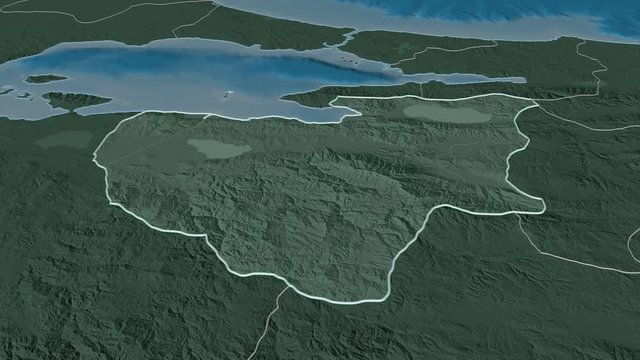 Bursa, province with its capital, zoomed and extruded on the administrative map of Turkey in the conformal Stereographic projection. Animation 3D