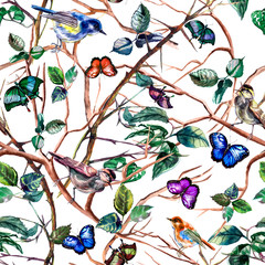 Watercolor branches,butterflys and birds. Seamless pattern. Design for fabric, textile, wallpaper, background, covers, packaging.