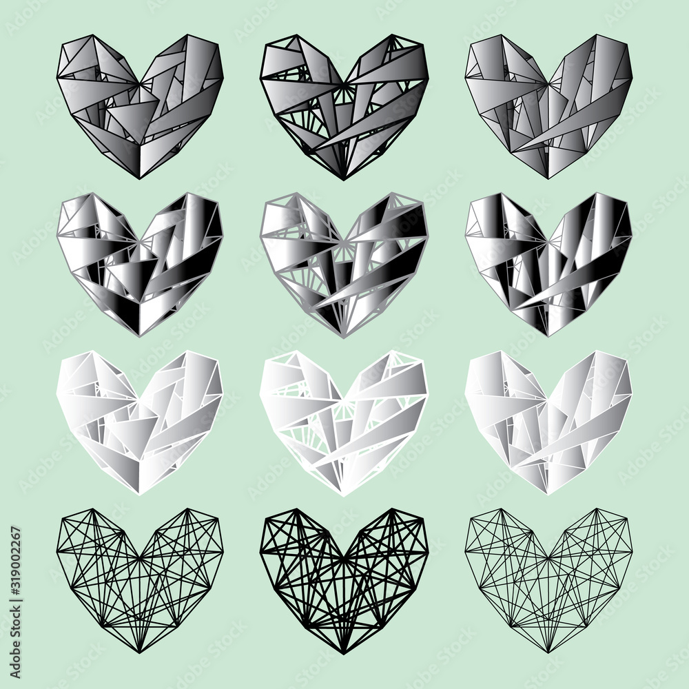 Poster set of black-white triangle hearts. design variants polygon objects. jpeg