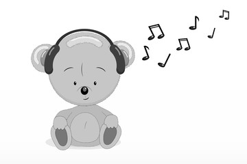 cute koala listens to music on headphones. Drawing on a white background