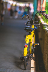 Parking Yellow Bicycle At Walkway