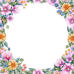 Floral square frame of watercolor wildflowers.