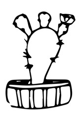 Cactus flower in pot, one line drawing, ink tehnique