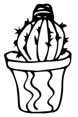 Cactus turk cap, plant in pot, ink drawn. Print with exotic plant.Hand drawn illustration.