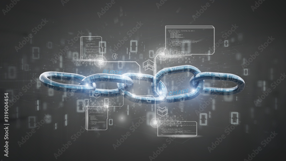 Poster virtual blockcahin with data - 3d rendering