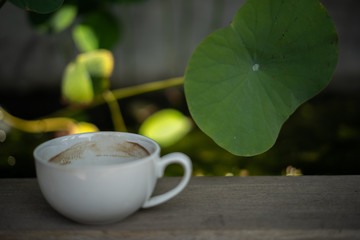 A cup of coffee on a wooden table in the morning. With green leaf. and sunlight naturally a blurred background.