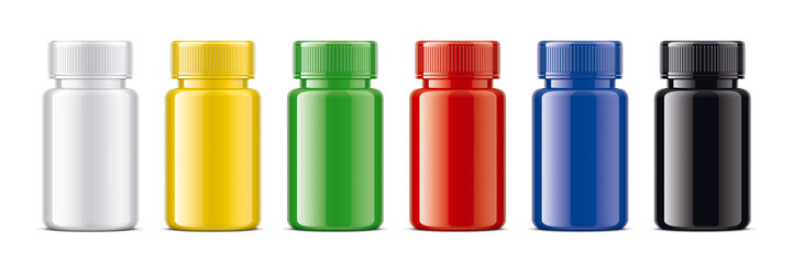 Set of Colored bottles for pills. Glossy surface version. 