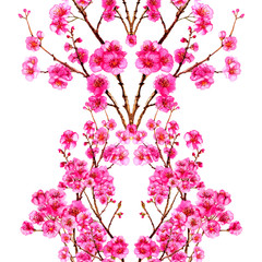 Watercolor sakura japan cherry branch . Blooming flowers. Spring pink design wallpaper, poster, background, cover, fabric, textile.
