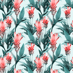Exotic flowers seamless pattern. Artistic background.