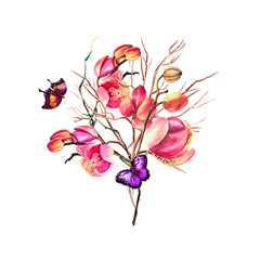 Watercolor orchid branch, dry branches, butterfly on the white background.Design elements for card, invitation, poster.