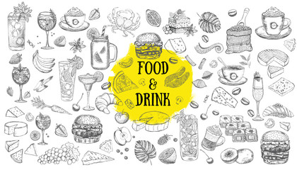 Vector set with food and drink. Hand drawn food elements. - obrazy, fototapety, plakaty