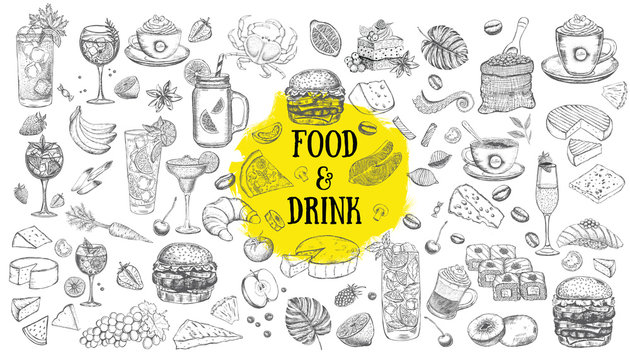 Vector set with food and drink. Hand drawn food elements.