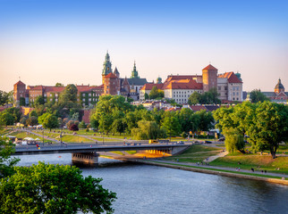 Fototapeta Krakow, Poland. Wawel castle and cathedral, Vistula river, Podwawelski bridge, trees and promenades in summer. Aerial view obraz