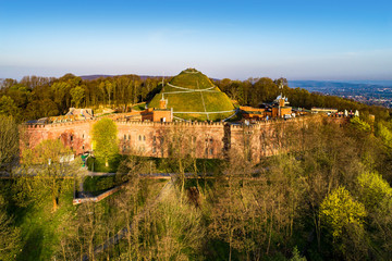 Kosciuszko Mound (Kopiec Kościuszki). Krakow landmark, Poland. Erected in 1823 to commemorate Tadedeusz Kosciuszko. Surrounded by a citadel, erected by Austrian Administration about 1850. Aerial view - obrazy, fototapety, plakaty