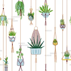 Wallpaper murals Plants in pots Green macrame house plant seamless pattern