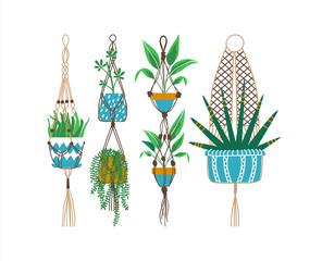 Green macrame house plant decoration set