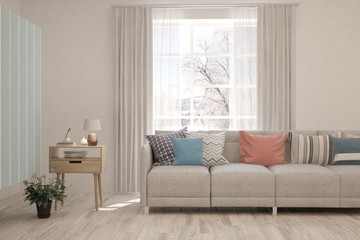 Stylish room in white color with sofa and winter landscape in window. Scandinavian interior design. 3D illustration