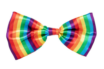 Gift bows. Closeup of a decorative rainbow ribbon bow made of silk for gift box isolated on a white...