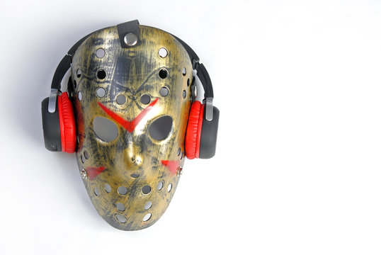 Masquerade Mask In Headphones For A Noisy Party And DJ Costume On Friday 13th Or Halloween