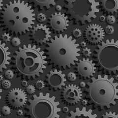 Vector Mechanical Cogwheel Seamless Pattern. Dark Gear And Cog Site Background. Collection Of Steel Gear Wheels, Grey Volumetric Icons, Different Configuration, Round Engineering Details.