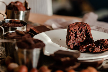 Homemade delicious dark chocolate  fondant cakes. Served in vintage ladles. Delicious elegant...