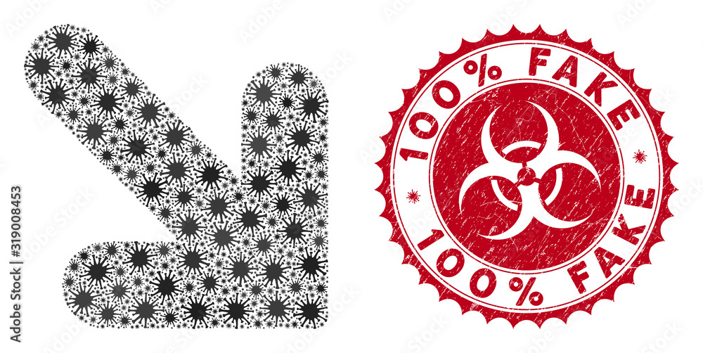 Poster coronavirus mosaic arrow down right icon and round distressed stamp seal with 100% fake phrase. mosa