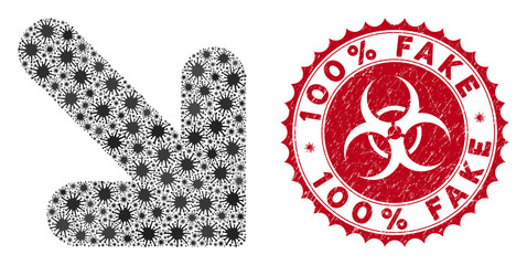 Coronavirus mosaic arrow down right icon and round distressed stamp seal with 100% Fake phrase. Mosaic vector is formed with arrow down right icon and with random bacterium icons.