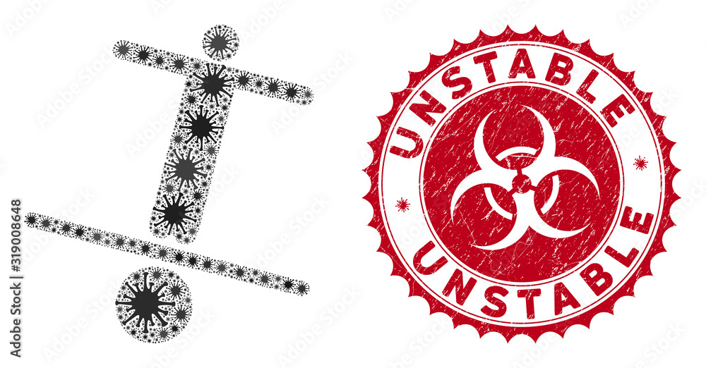 Poster coronavirus mosaic unstable man icon and rounded rubber stamp seal with unstable phrase. mosaic vect