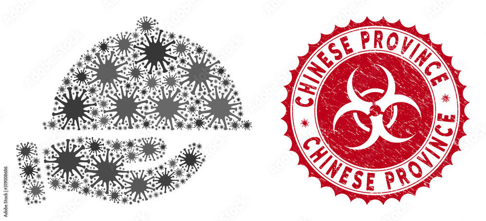 Poster coronavirus mosaic service icon and rounded rubber stamp seal with chinese province text. mosaic vec