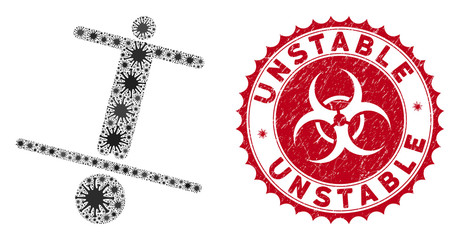 Coronavirus mosaic unstable man icon and rounded rubber stamp seal with Unstable phrase. Mosaic vector is created with unstable man icon and with randomized contagion elements.